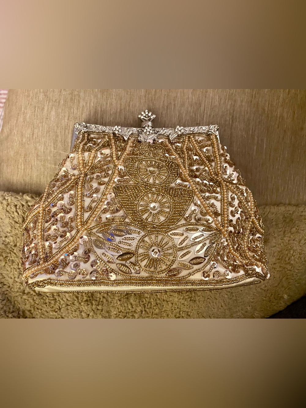 Vintage Melissa Design Beaded Evening Bag Sequined Gold Pearl Clutch Purse